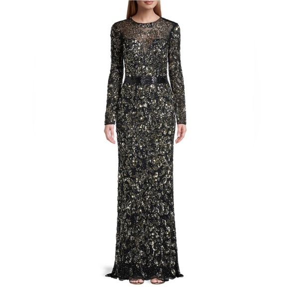 Mac Duggal Long Sleeved Embellished Black/Gold Gown Size 6